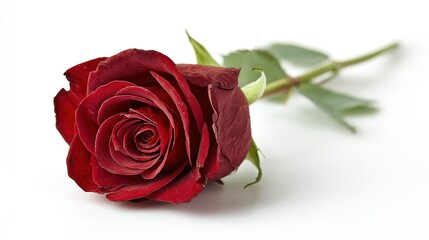 Vibrant red rose bloom, a classic symbol of love, on white.