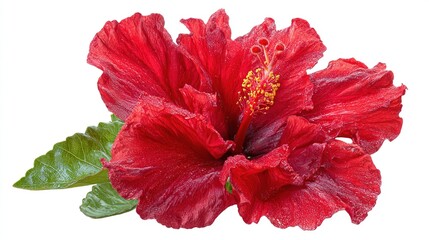 Close-up of a vibrant red hibiscus flower and green leaf