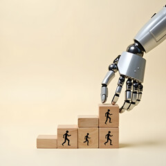 Robot hand building stairs with figures representing progress and growth
