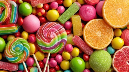 Rainbow explosion of lollipops, candy, and fruit slices.