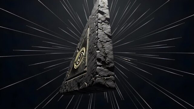 Mysterious ancient dark stone monolith with glowing triangular symbol radiating energy in a cosmic void, representing power and futuristic enigma