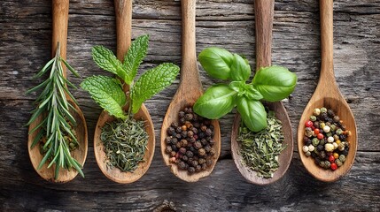 Various fresh herbs and dried spices on rustic wooden spoons
