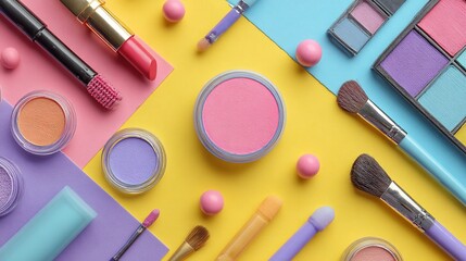 Colorful makeup products and brushes on vibrant background