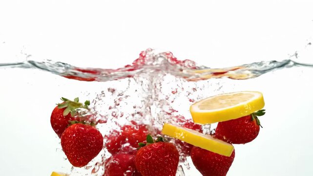A Refreshing Dive: Fresh strawberries and lemon slices plunge into clear water, creating a vibrant splash. Capturing the essence of a healthy snack.