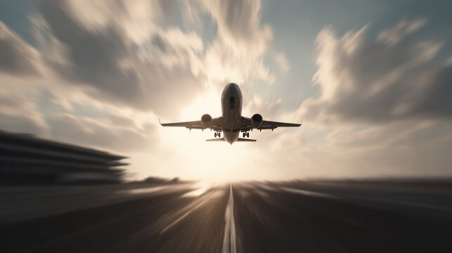 Jet plane accelerating along the runway toward open sky, captured through a terminal glass panel highlighting movement and journey. mobility guides.