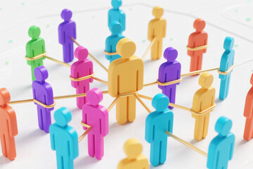 Colorful Human Figures Connected by Dotted Lines on White Background Representing Social Networking, Teamwork, Leadership, and Community Structure
