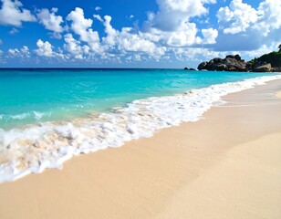 Fototapeta premium Serene beach scene featuring crystal-clear turquoise waters and soft, white sandy shore