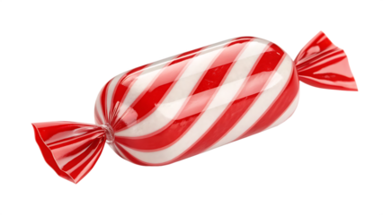 A single red and white striped hard candy wrapped in clear plastic, isolated on transparent background