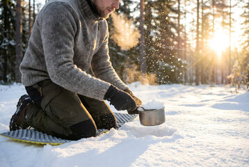 Man kneeling in snowy forest adding snow to metal pot winter