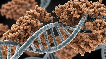 3D Illustration of Protein Interaction with DNA Double Helix Strand for Genetics Research