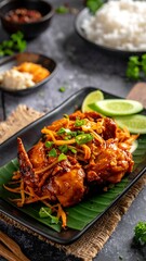 Close-up shot of seasoned, fried chicken pieces with vibrant garnishes and rice, presented on a dark plate, alongside bowls