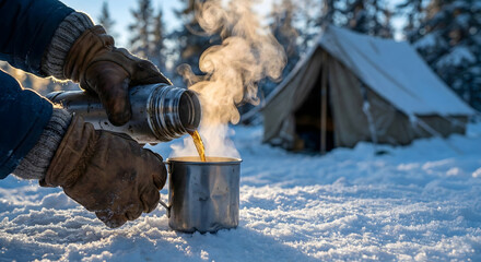 Person pouring hot drink from thermos into metal mug in snowy forest winter camping