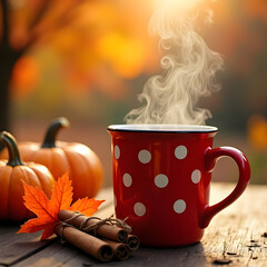 Cozy autumn scene with steaming mug of hot drink and pumpkins