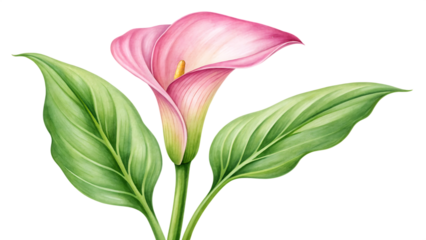 Beautiful pink calla lily flower with large green leaves, an elegant botanical illustration isolated on transparent background