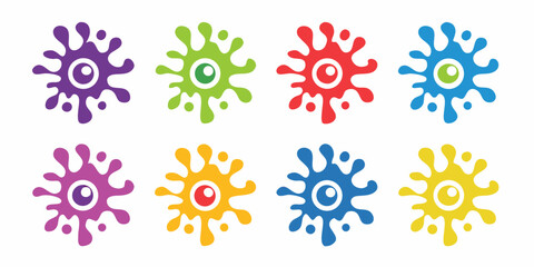 Collection of eight colorful cartoon monster or blob shapes with one eye each
