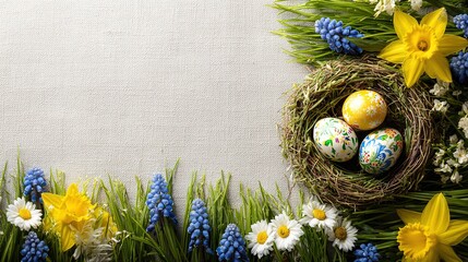 Decorated easter eggs in nest, spring flowers, fresh grass