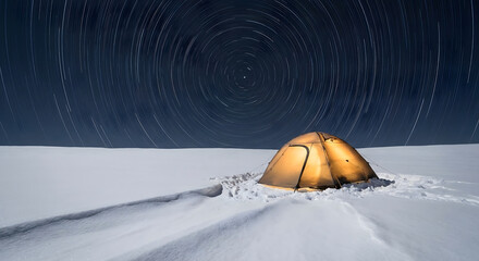 Illuminated tent in snow under star trails at night camping winter