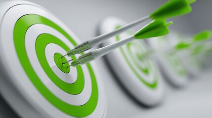 Achieving business goals: two darts hitting target bullseye