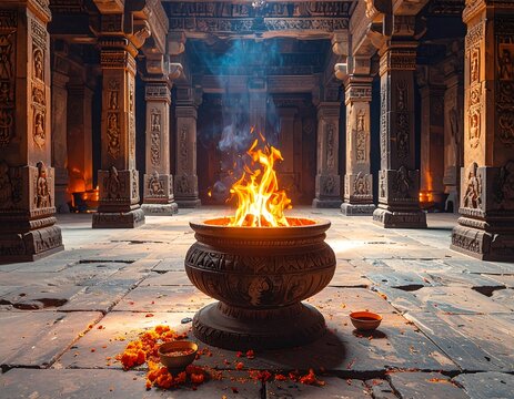 Ancient stone temple interior with a vibrant fire altar as the focal point