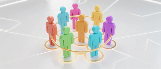 Colorful Human Figures Connected by Dotted Lines on White Background Representing Social Networking, Teamwork, Leadership, and Community Structure