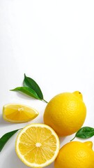 Close-up shot of several bright yellow citrus fruits, partially sliced, with vibrant green leaves on a white surface