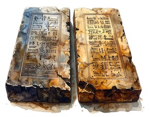 Ancient tablets, engraved with hieroglyphs, in an illustrative style