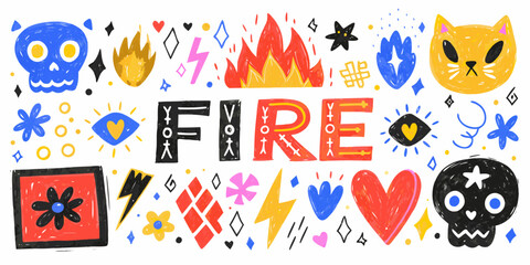 Whimsical hand drawn illustration featuring the word fire surrounded by colorful symbols and icons