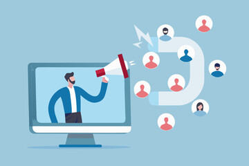 Digital marketing concept of attracting customers with a megaphone and a magnet attracting people icons