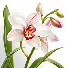 Naklejka premium a white and pink orchid with a green stem and a re