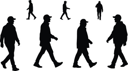 Stylized walking silhouette set, dynamic human motion, black figure poses, vector art, casual stride, locomotion illustration