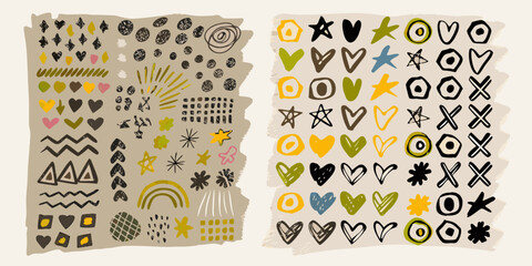 Collection of hand drawn abstract shapes hearts stars circles and geometric elements in earthy tones