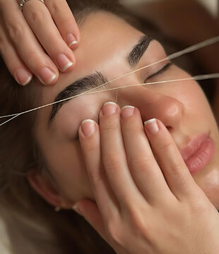Professional eyebrow threading at spa creating perfectly shaped clean natural brows