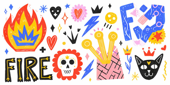 Whimsical hand drawn doodle elements featuring fire crown skull cat and lightning bolts