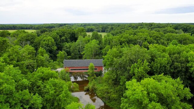 Historic beautiful Netcher road covered bridge in Ashtabula county Ohio, USA.