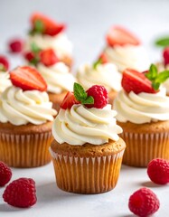 Close-up shot of several cupcakes with white frosting, topped with fresh berries, and garnished with mint leaves