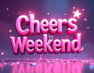 Animated 3D text in pink celebrates weekend with stars & confetti