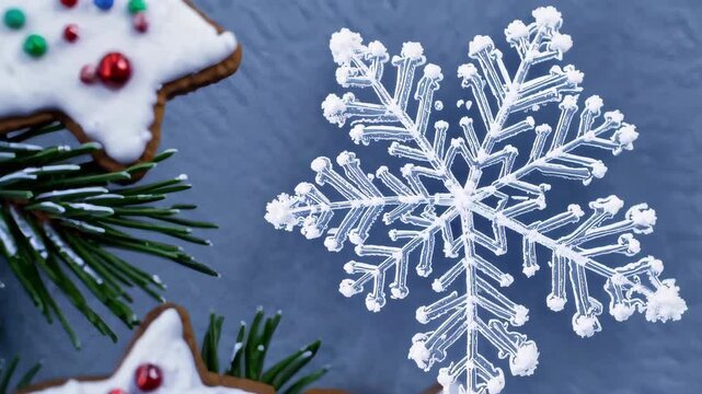 Christmas Cookies and Candy Cane on Snowy Evergreen Branches