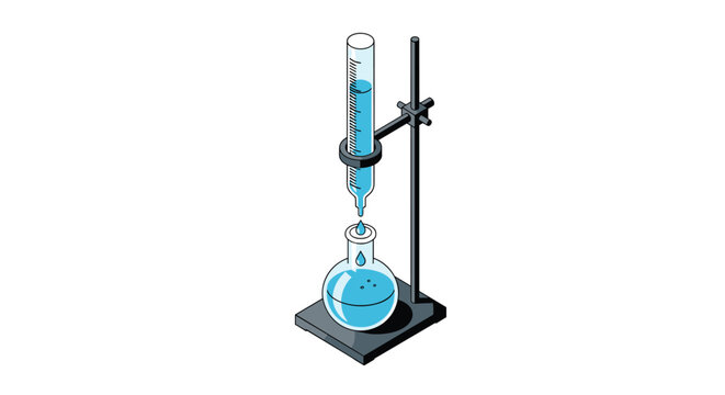 Chemistry laboratory experiment illustrating a titration setup, with a burette dripping blue liquid into a flask on a stand.
