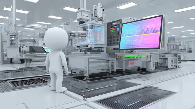 スティックフィギュアが検査装置の監督を行う様子