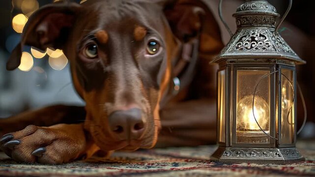 A brown dog is laying on the floor next to a lantern. The dog appears to be looking at the lantern with curiosity. Doberman Pinscher curled beside glowing lantern, warm cozy christmas