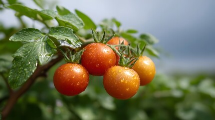 Close up of a vine with ripe cherry tomatoes covered in glistening water droplets set against a soft focus garden background
