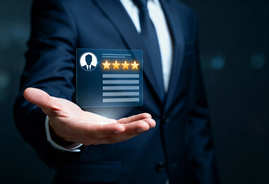 Businessman holding up a virtual display showing a profile icon and a three-star rating indicating average service
