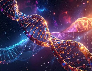 Animated depiction of DNA strands floating in space with digital accents