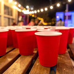 Close-up shot of several red plastic cups arranged on a wooden table outdoors, night ambiance with soft lighting, and blurred figures