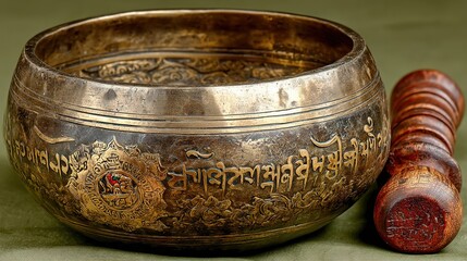 Sound-bath social template: singing bowl on green, blank for title—IG Story or Xiaohongshu vertical cover, calm desaturated tones