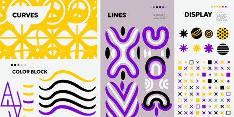 Abstract graphic design with curves lines color blocks and display elements