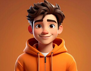 Animated boy in orange hoodie smiles at the viewer, warm background