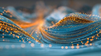 Flowing blue strands with golden orbs, abstract and softly blurred