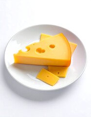 Close-up shot of several slices of a creamy, yellow dairy product with characteristic holes arranged on a white plate