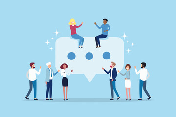 Diverse group of people communicating around a large chat bubble